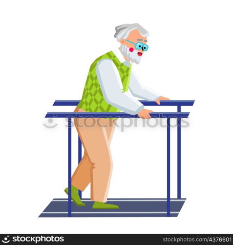 Rehabilitation Exercise Making Old Man Vector. Rehabilitation Physical Therapeutical Exercising Elderly Pensioner Make On Sportive Equipment. Character Recovery Flat Cartoon Illustration. Rehabilitation Exercise Making Old Man Vector