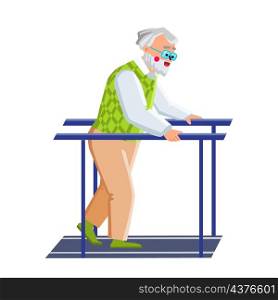 Rehabilitation Exercise Making Old Man Vector. Rehabilitation Physical Therapeutical Exercising Elderly Pensioner Make On Sportive Equipment. Character Recovery Flat Cartoon Illustration. Rehabilitation Exercise Making Old Man Vector