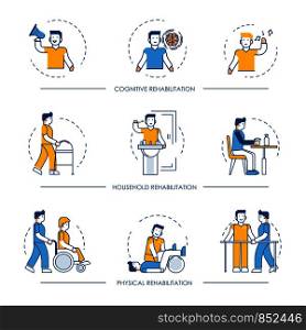 Rehabilitation icons for cognitive, physical and household rehabilitation medicine therapy. Vector line symbols of human and nurse or medical hospital assistant or physician doctor for infographics. Rehabilitation vector human man icons for cognitive, physical and household rehabilitation medicine therapy