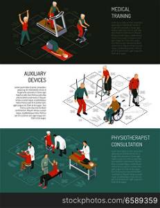 Rehabilitation isometric horizontal banners with medical training auxiliary devices physiotherapist consultation design compositions vector illustration  . Rehabilitation Isometric Horizontal Banners