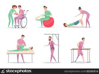 Rehabilitation. Medical illustrations recruitment and physiotherapy treatment rehabilitation of disabled persons exact vector cartoon pictures set of medical rehabilitation and recovery. Rehabilitation. Medical illustrations recruitment and physiotherapy treatment rehabilitation of disabled persons exact vector cartoon pictures set