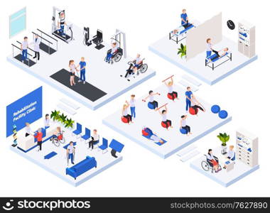 Rehabilitation physiotherapy clinic concept isometric layout with reception waiting room massage treatment exercise machines equipment vector illustration