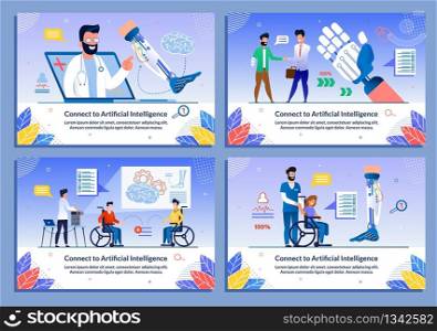 Rehabilitation with AI Technology Flat Banner Set. Artificial Intelligence Application Support for Disabled. Neural Connection between Crippled People. Bionic Body Parts. Vector Cartoon Illustration. Rehabilitation with AI Technology Flat Banner Set