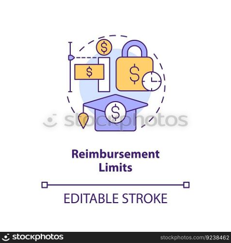 Reimbursement limits concept icon. Financial aid. Collage payment. Financial assistance. Loan repayment abstract idea thin line illustration. Isolated outline drawing. Editable stroke. Reimbursement limits concept icon