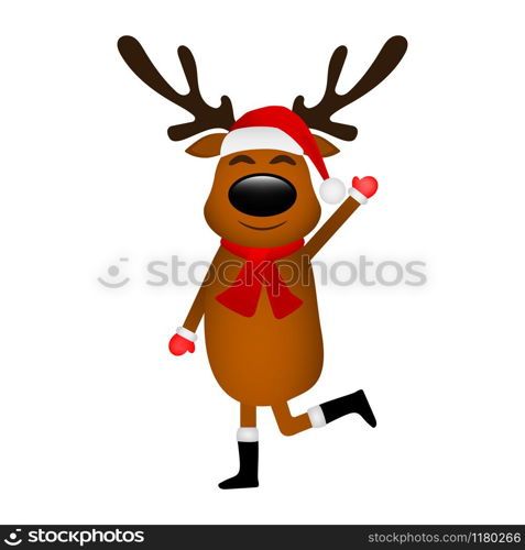 Reindeer dancing isolated on a white background. Funny reindeer in a scarf for christmas dancing isolated on a white background