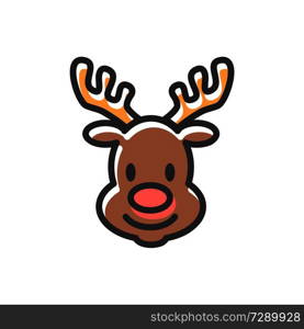 Reindeer head, mammal with horns of brown color, animal with red nose and smile on face, Christmas icon vector illustration isolated on white. Reindeer Head Christmas Icon Vector Illustration