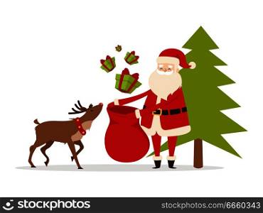 Reindeer helps Santa to prepare Christmas gifts for children all around world vector illustration. Green fir tree is behind man in red clothes and hat. Presents with red ribbon above big bag.. Reindeer Helps Santa to Prepare Christmas Gifts.
