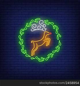 Reindeer in wreath neon sign. Christmas and New Year Day design. Night bright neon sign, colorful billboard, light banner. Vector illustration in neon style.