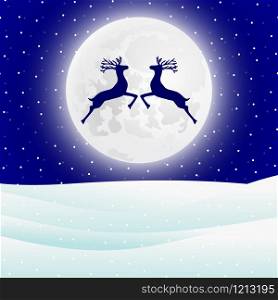 Reindeer jumps against the background of the moon in the Christmas forest. Reindeer jumps against the background of the moon