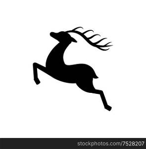 Reindeer silhouette black monochrome icon isolated on white. Deer animal running or jumping, mammal with branched horns, symbol of New Year and Christmas. Deer Siilhouette Black Monochrome Icon Isolated