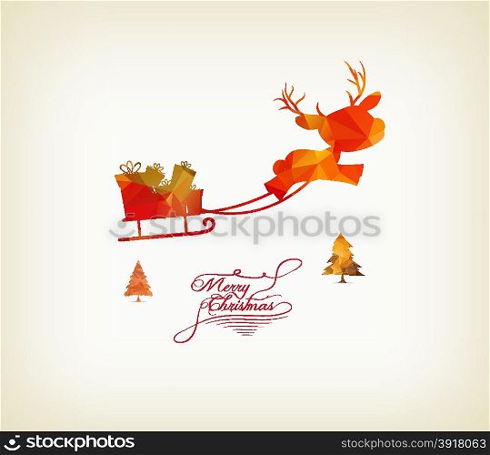 reindeer sleigh flying over forest in abstract colorful geometric composition- polygonal style