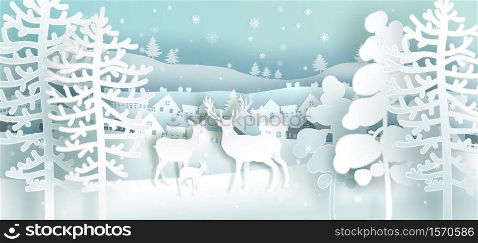 Reindeers family in nature and village background in winter season, Anniversary happy new year, Paper art style, For printing, christmas card, postcard, poster, wallpaper, Vector illustration.
