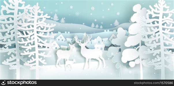 Reindeers family in nature and village background in winter season, Anniversary happy new year, Paper art style, For printing, christmas card, postcard, poster, wallpaper, Vector illustration.