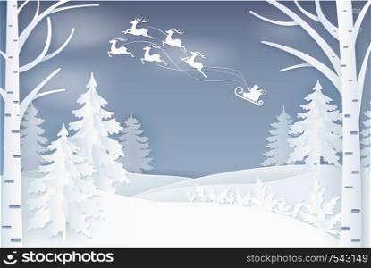 Reindeers flying at sky pulling sledges of Santa Claus vector. Winter holidays Christmas celebration midnight deer animal with sledges pine and birches, paper art and craft style. Reindeers Flying at Sky Pulling Sledges of Santa
