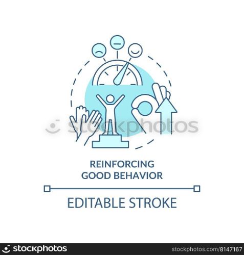 Reinforcing good behavior turquoise concept icon. Praise and thank. Environment abstract idea thin line illustration. Isolated outline drawing. Editable stroke. Arial, Myriad Pro-Bold fonts used. Reinforcing good behavior turquoise concept icon
