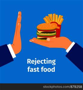 Rejecting the offered fast food vector illustration with man hands. Rejecting the offered fast food