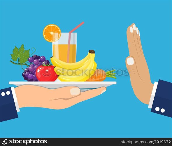 Rejecting the offered healthy food. Refuse raw food. Gesture hand NO . Tray of fresh vegetables. Veggie food, eat vitamins. Flat style vector illustration.. Rejecting the offered healthy food.