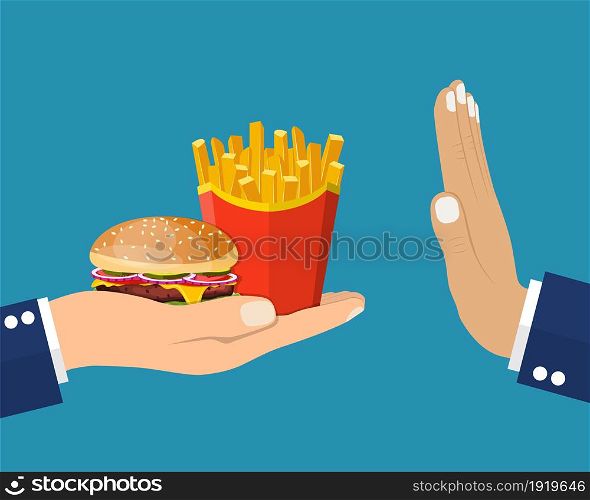 Rejecting the offered junk food. Gesture hand NO rejecting fast food. Offer fries and a hamburger in hand. Stop fat, calorie, unhealthy snack. Vector illustration in flat style. Rejecting the offered junk food.
