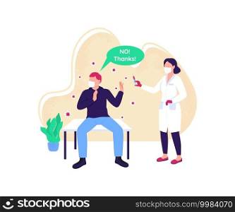 Rejecting vaccine flat concept vector illustration. Refuse drug injection. Health care, pharmaceutical treatment. Therapist and patient 2D cartoon characters for web design. Anti vaccine creative idea. Rejecting vaccine flat concept vector illustration