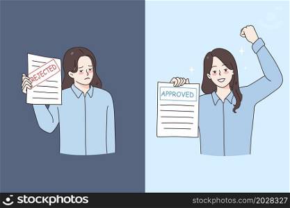Rejection and approval in work concept. Young women workers standing with rejected document and sad face and approved document with happy excited face vector illustration. Rejection and approval in work concept.