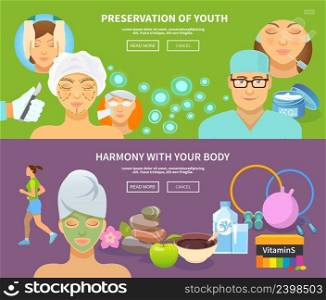 Rejuvenation horizontal banner set with medical procedures and beauty treatment elements isolated vector illustration. Rejuvenation Banner Set