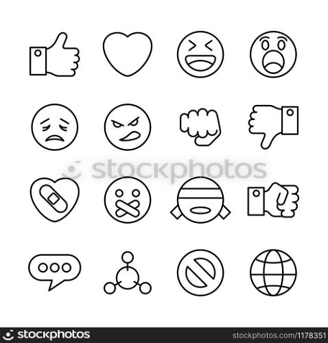 Related social media interaction line icon set. Contain basic emoticon with different expression and additional expression such as punch, hold, dislike, hurt, no talk, blind and other interaction icon