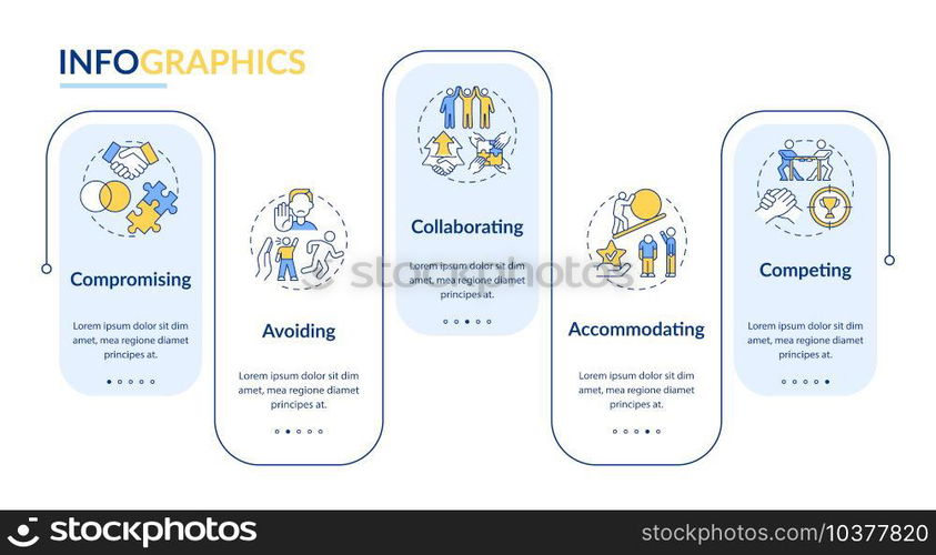 Relation problems resolution vector infographic template. Conflicts presentation outline design elements. Data visualization with 5steps. Process timeline info chart. Workflow layout with line icons. Relation problems resolution vector infographic template
