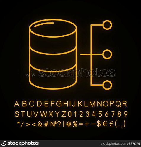 Relational database neon light icon. Big data. Server. Glowing sign with alphabet, numbers and symbols. Vector isolated illustration. Relational database neon light icon