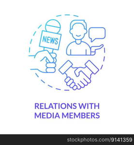 Relations with media members blue gradient concept icon. Social network strategy for advocacy abstract idea thin line illustration. Isolated outline drawing. Myriad Pro-Bold font used. Relations with media members blue gradient concept icon