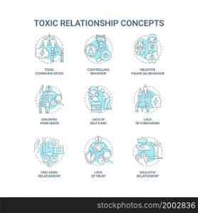 Relationship abuse concept icons set. Manipulative partner. Forgiveness and trust lack. Hostile communication idea thin line color illustrations. Vector isolated outline drawings. Editable stroke. Relationship abuse concept icons set