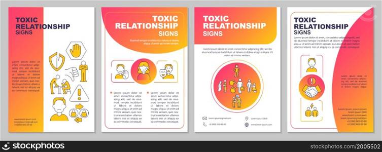 Relationship abuse signs brochure template. Domestic violence. Flyer, booklet, leaflet print, cover design with linear icons. Vector layouts for presentation, annual reports, advertisement pages. Relationship abuse signs brochure template