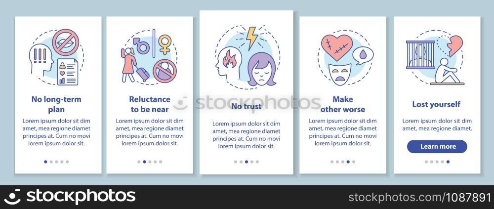 Relationship in trouble onboarding mobile app page screen with linear concepts. No long-term plan walkthrough steps graphic instructions. UX, UI, GUI vector template with illustrations