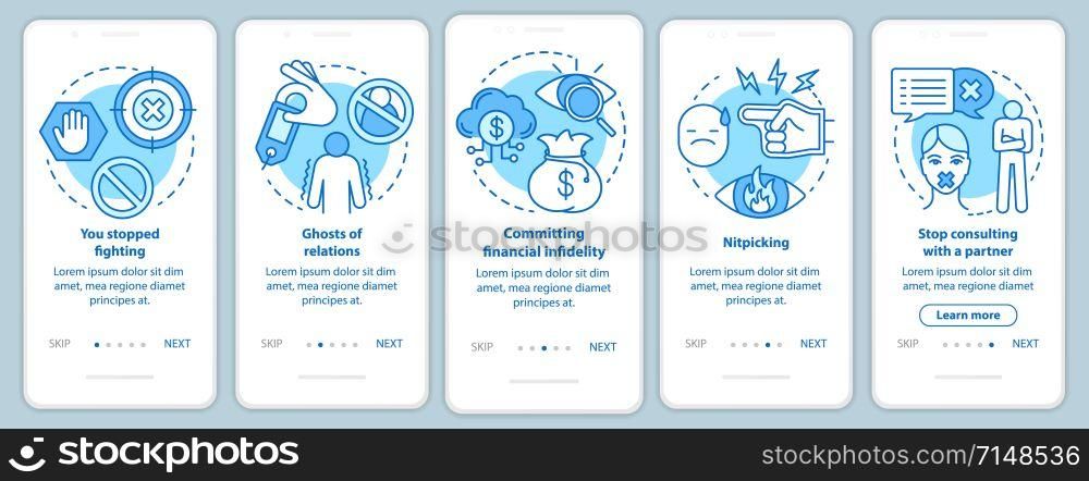 Relationship in trouble onboarding mobile app page screen with linear concepts. Ghost of relations walkthrough steps graphic instructions. UX, UI, GUI vector template with illustrations