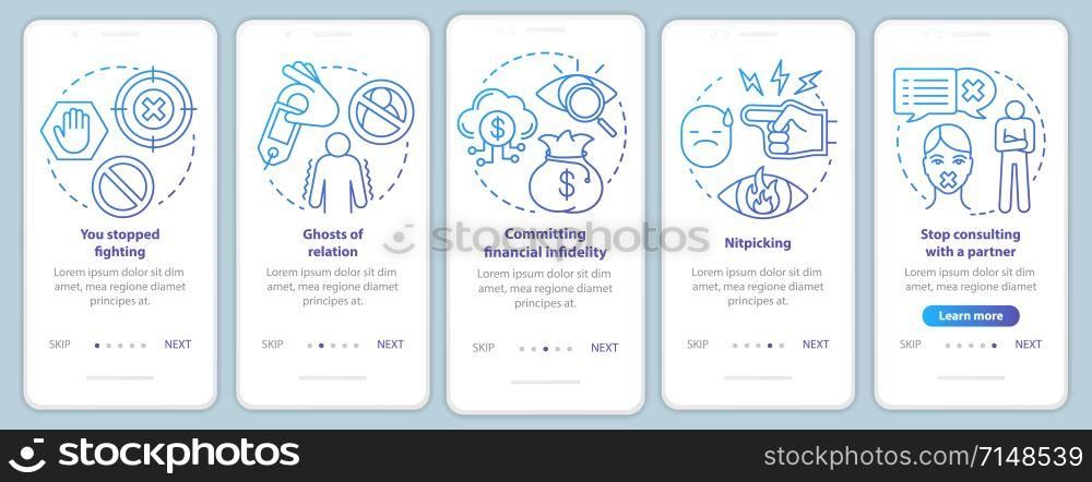 Relationship in trouble onboarding mobile app page screen with linear concepts. Nitpicking problem walkthrough steps graphic instructions. UX, UI, GUI vector template with illustrations