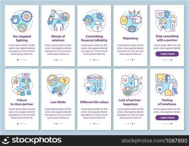 Relationship in trouble onboarding mobile app page screen with linear concepts set. Lack of partners happiness walkthrough steps graphic instructions. UX, UI, GUI vector template with illustrations