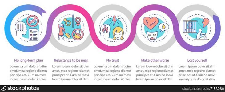 Relationship in trouble vector infographic template. Business presentation design elements. Data visualization with five steps and options. Process timeline chart. Workflow layout with linear icons