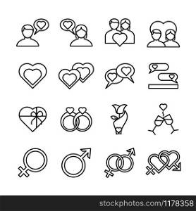 Relationship Line Icon set. Related with valentine, marriage, honeymoon and other couple celebration. Editable stroke, vector isolated at white background.