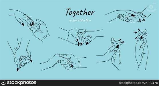 Relationship loving hands together. Woman and man romantic handshakes line tattoo sketch art works, couple love relationships holding hands, lovers wedding family holds outline draw. Relationship loving hands together