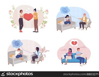 Relationship problem flat concept vector illustration set. Therapy session. Couple conflict. Editable 2D cartoon characters on white for web design. Creative idea for website, mobile, presentation. Relationship problem flat concept vector illustration set
