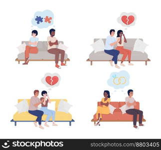 Relationship problem semi flat color vector characters set. Editable figures. Full body people on white. Couple conflict. Breakup simple cartoon style illustration for web graphic design and animation. Relationship problem semi flat color vector characters set