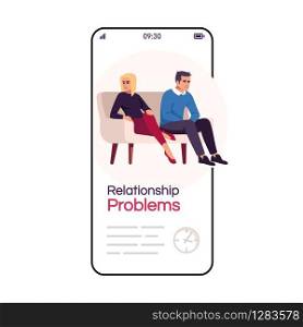 Relationship problems cartoon smartphone vector app screen. Psychology consultation. Psychotherapy. Mobile phone display with flat character design mockup. Application telephone cute interface