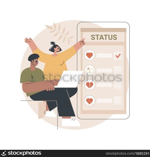 Relationship status abstract concept vector illustration. Relationship civil status, marital separation, divorce process, single, coupled, got married, social media, engaged abstract metaphor.. Relationship status abstract concept vector illustration.