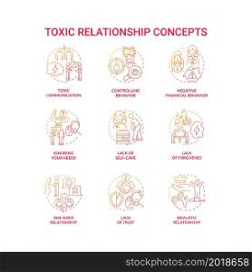 Relationship violence concept icons set. Manipulative and lying partner. Forgiveness and trust absence. Hostile connection idea thin line color illustrations. Vector isolated outline drawings. Relationship violence concept icons set