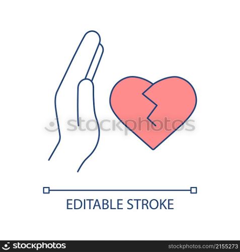 Relationship without reciprocity RGB color icon. Heartbreaking trauma. Divorce and separation. Isolated vector illustration. Simple filled line drawing. Editable stroke. Arial font used. Relationship without reciprocity RGB color icon