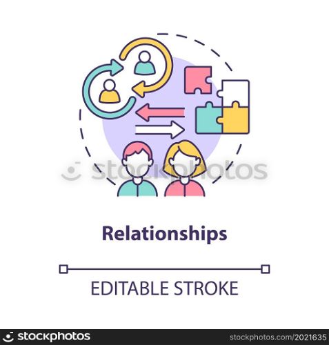 Relationships concept icon. Social participation between people. Relations function in community abstract idea thin line illustration. Vector isolated outline color drawing. Editable stroke. Relationships concept icon