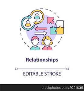 Relationships concept icon. Social participation between people. Relations function in community abstract idea thin line illustration. Vector isolated outline color drawing. Editable stroke. Relationships concept icon