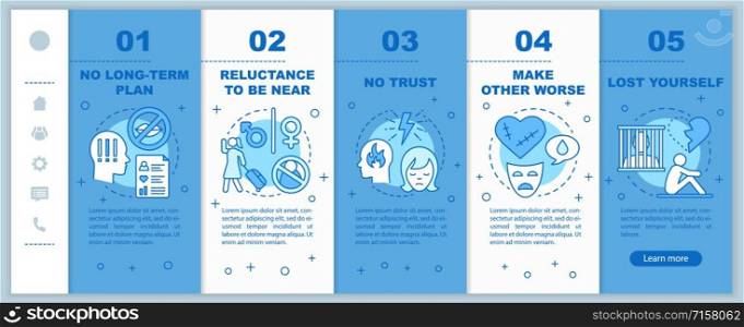 Relationships in trouble onboarding mobile web pages vector template. No trust. Responsive smartphone website interface idea with linear illustrations. Webpage walkthrough step screens. Color concept