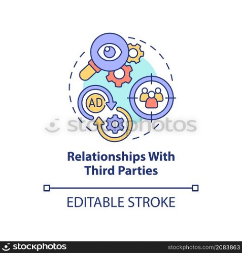 Relationships with third parties concept icon. Digital marketing strategy abstract idea thin line illustration. Isolated outline drawing. Editable stroke. Roboto-Medium, Myriad Pro-Bold fonts used. Relationships with third parties concept icon