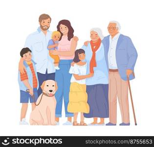 Relatives of big family. Families of teens and seniors people, grandfather grandma mother with baby, grandparents parents kids brothers cartoon character vector illustration of reunion relatives. Relatives of big family. Families of teens and seniors people, grandfather grandma mother with baby, grandparents parents kids brothers cartoon character swanky vector illustration