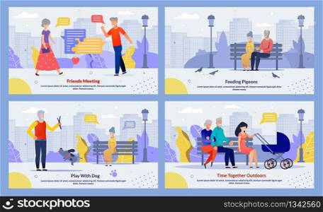 Relatives Spend Time Outdoors Together Banner Set. Cartoon Mature Married Couple Meeting or Playing with Dog, Young Mother with Newborn and Senior Parents Walking in Park. Vector Illustration. Relatives Spend Time Outdoors Together Banner Set